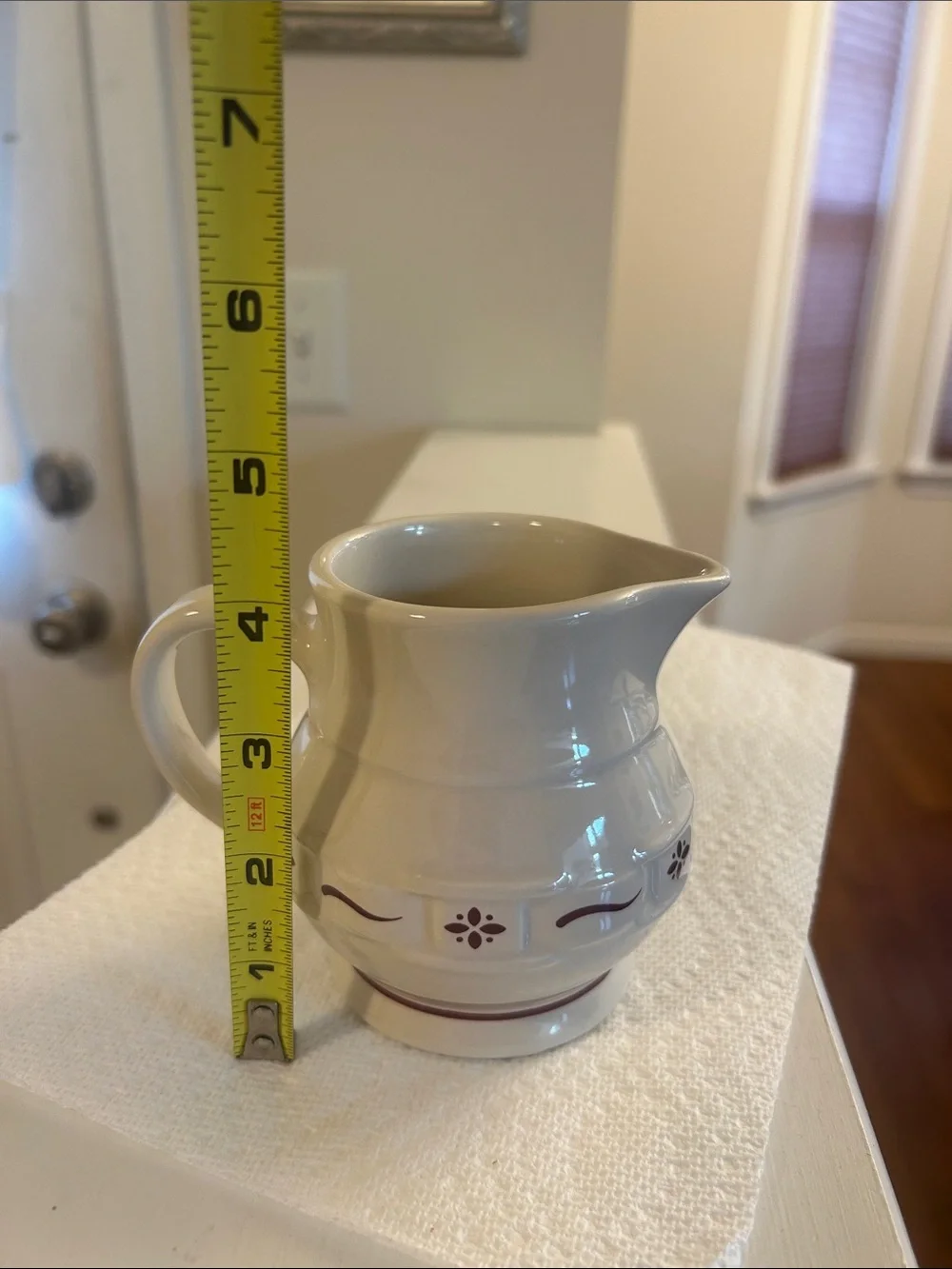 Longaberger Vintage Cream Ceramic Serving Pitcher with Red Floral Band 1 Cup